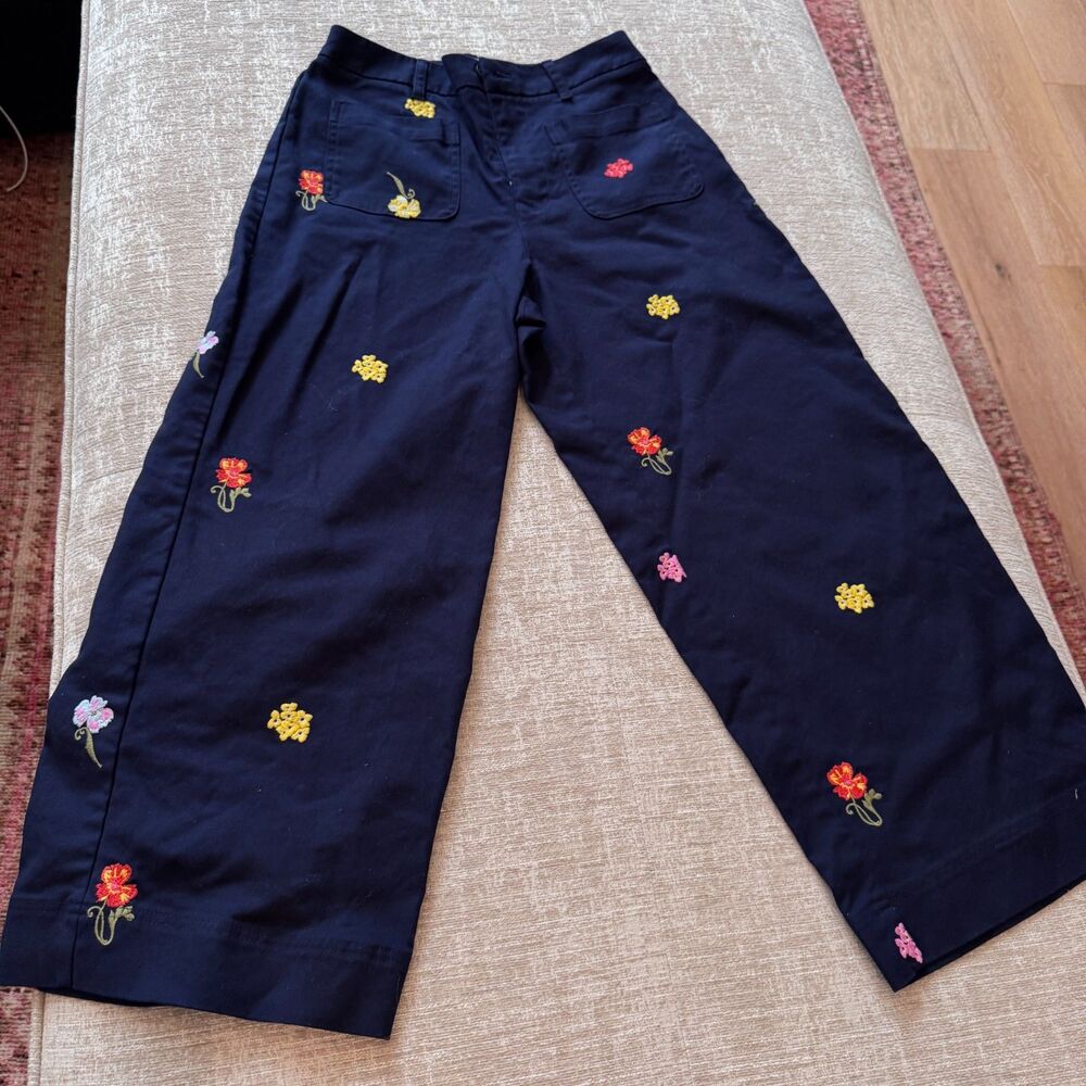 Free Assembly Women's Navy Embroidered Wide Leg Cropped Pants, Sz4